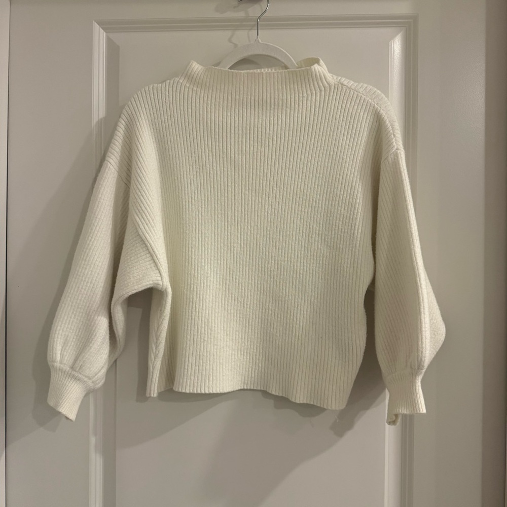 Line & Dot Knit Mock Neck- Balloon Sleeve Cozy Sweater-White